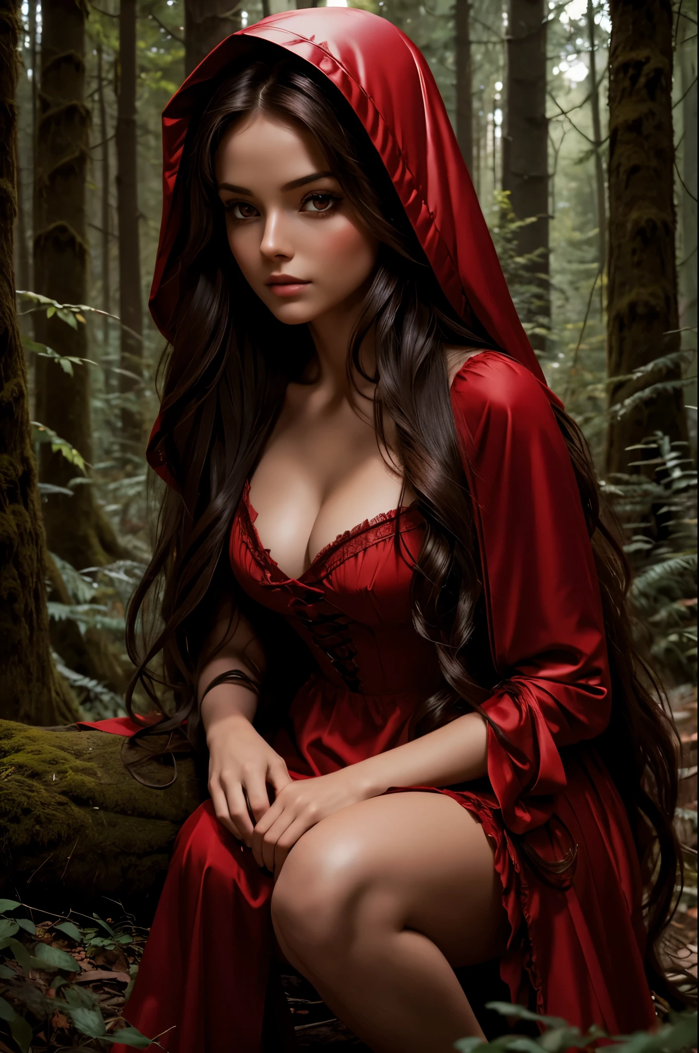 Little Red Riding Hood with brown eyes and long hair wearing sensual clothing in the forest, a daring photo shoot