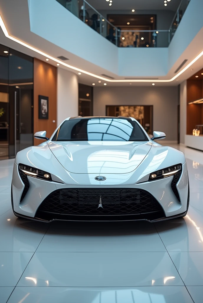 A sleek, modern white luxury car with a distinctive grille and polished chrome accents is displayed in a contemporary showroom. The vehicle features large, glossy black wheels and a streamlined silhouette. The interior of the showroom is bright, with stylish lighting and decorative elements, highlighting the car's elegant design.