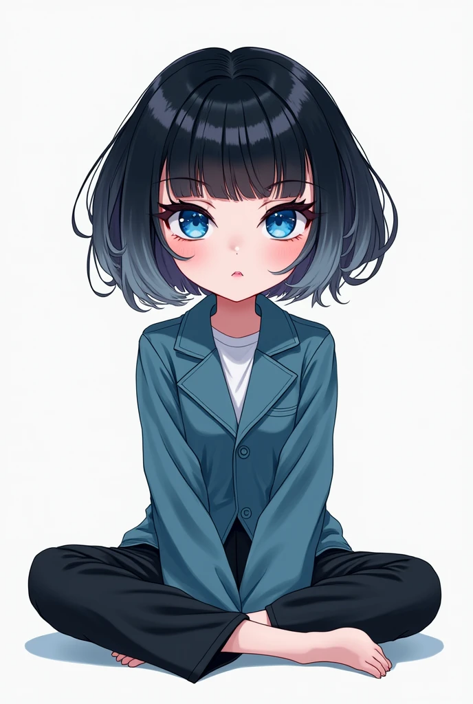 gender:Eye color:blue-eyed hairstyle:Bob's hair color:black hair with a light gray gradient color:cool and stylish clothes:Parker Style:deformed illustration system:Sitting with legs stretched out