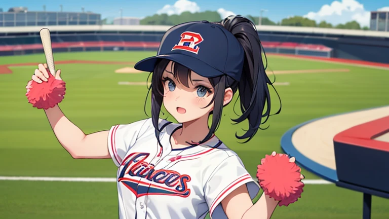 Before a baseball game、Please draw an illustration of a woman in a cheerleading costume performing in the middle of the field.。In the background are banners with team logos and spectator stands.、The woman is vigorously shaking her pom-pom。