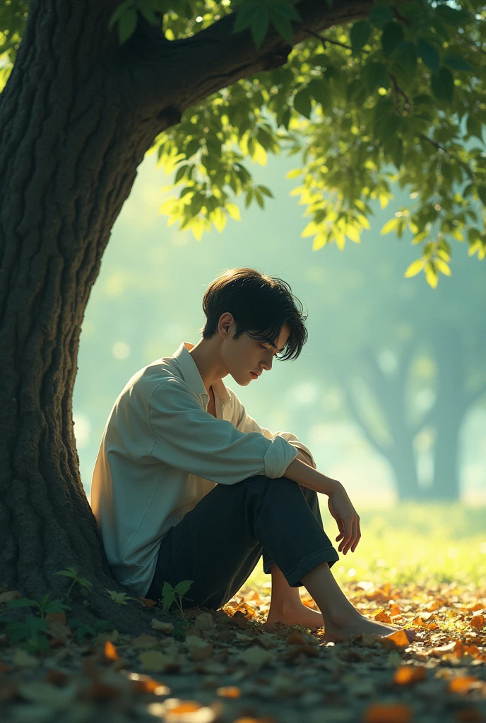 A young man under tree,sitting sadly,summer vibes,dry leaves on the ground,urealistic,hd quality