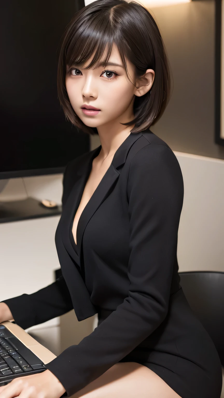 (Ultra-realistic), (figure), (High resolution), (8k), (Very detailed), (Best figure), (Beautiful and detailed), (Highest quality), (Super detailed), (masterpiece), (wallpaper), (Detailed face), alone, One Girl, watching viewer, Trendy suits,Less exposure、Fine details, Detailed face, In the Dark, Deep Shadow, Modest, Pure Erotic Face Ace_v1, cool, short hair, Pointed diagonal bangs,Work on your computer、
