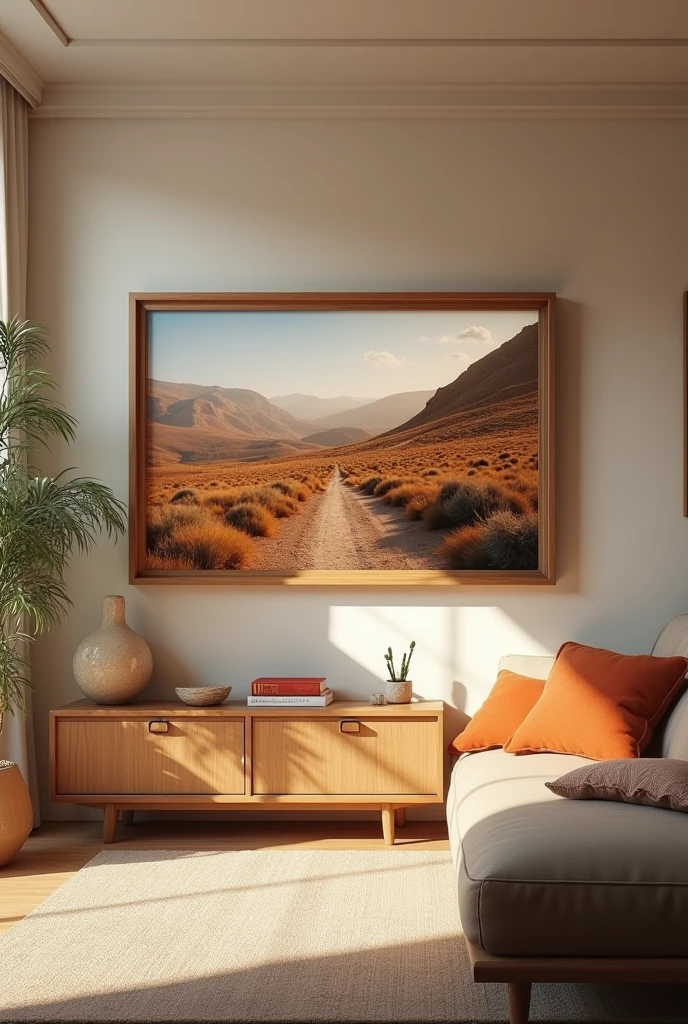 Modern Wooden Photo Landscape Frame in 16:9 Proportion Comfort Living Room, 4K