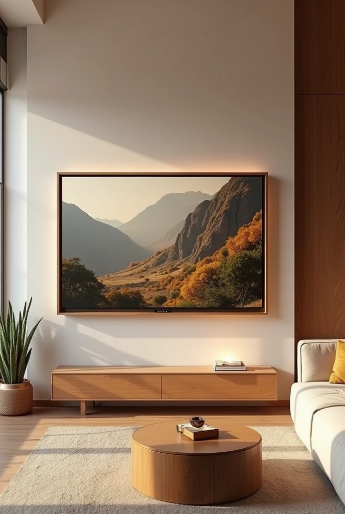 Modern Wooden Photo Landscape Frame in 16:9 Proportion Comfort Living Room, 4K