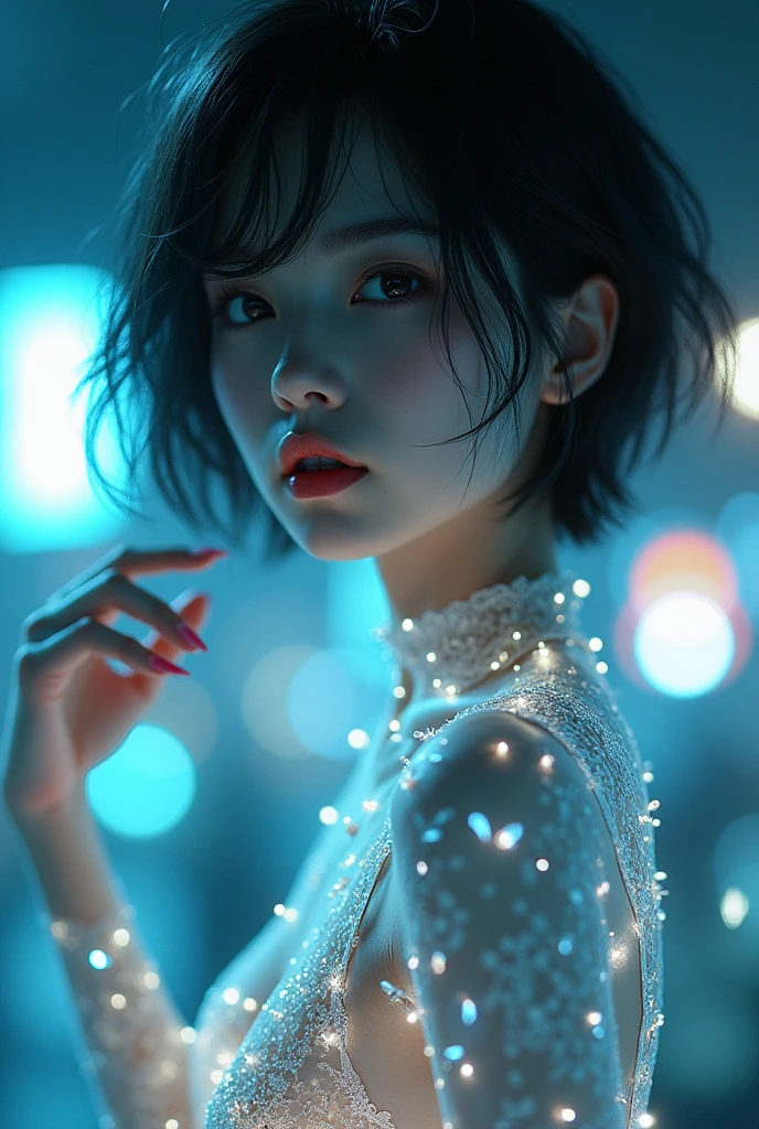 (masterpiece, Highest quality), 8k,(((Very detailed))), Race:1.8,Super intricate Race pattern, colorful Race pattern, Stained glass background transparent body, Cool-style light, Mandala,light up,cold, 1 female,Open Back, 18 years old、Japanese, Photo of Lee Jae, tumbler, sultry body with セクシー belly, Sexy girl, Young sensual elegance, Sexy body, Sexy look, Very Short Hair、Photographed with the cityscape night view in the background、 Intelligent face、Narrow waist、Large Breasts、drool coming out of the mouth、Smile a little、EOS 50mm F2, Blur the background、Ass、Lighting the face、whole body、Raise your hand、