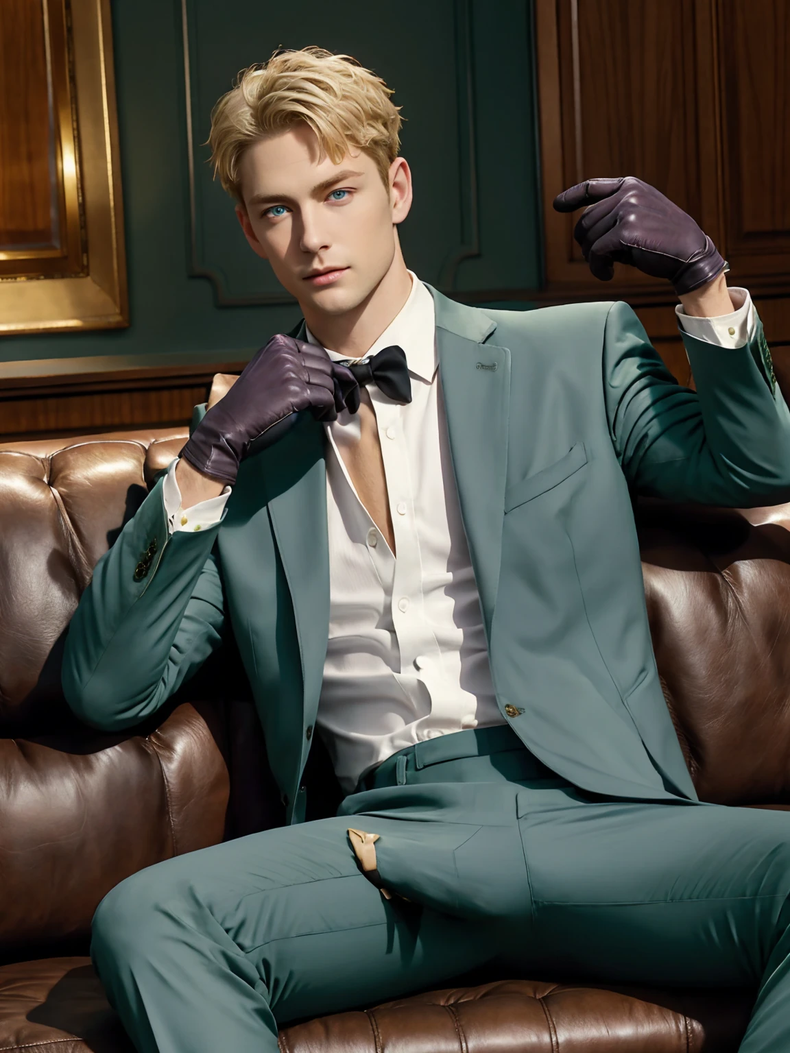 loid_forger, solo, looking at viewer, short hair, blue eyes, blonde hair, shirt, gloves, 1boy, sitting, jacket, white shirt, male focus, black gloves, pants, indoors, spread legs, open jacket, muscular, formal, abs, cat, suit, pectorals, big huge bulge, couch, green jacket, unbuttoned, green pants, 