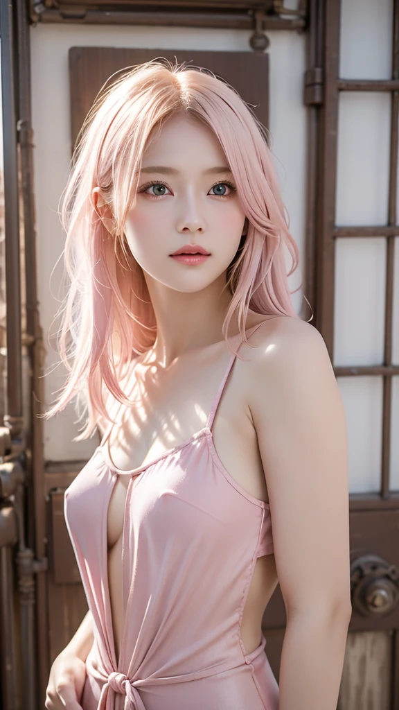 best quality, masterpiece, upper body, woman, blonde hair blown in the wind, shining eyes, steampunk nude style, thin clothes, pink clothes, pink hair