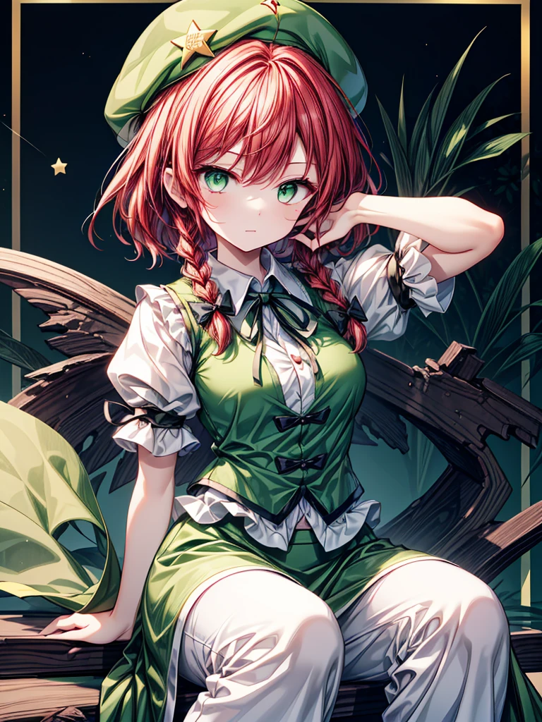 ,1girl, hong meiling (touhou), green eyes, long hair, red hair, twin braids, chinese clothes, green headwear, beret, white shirt, green vest, green skirt, green dress, collared dress, puffy short sleeves, frilled sleeves, black ribbon, neck ribbon, white pants, star (symbol), black bow, hair bow