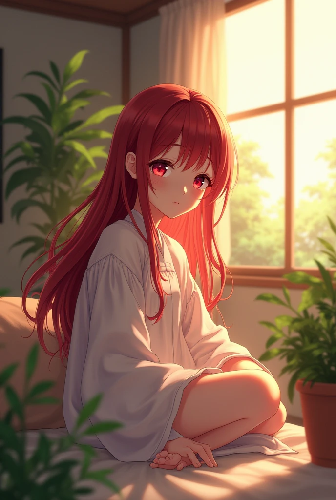 Anime girl, dark red hairs red eyes,soft lighting, plants in background, window with sunlight, cozy room relaxed pose age 15