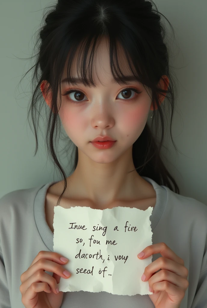 a realistic cute 18 year old girl holding a piece of paper with maybeseyni written on it, make it very realistic
