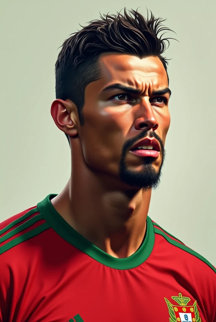 CRISTIANO RONALDO LOOKING RIGHT WITH A GOATEE VERY ANGRY WEARING A PORTUGAL SOCCER JERSEY