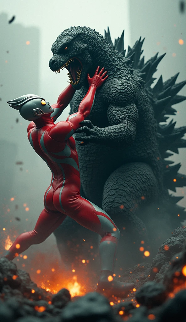a giant ultraman,choking a massive godzilla monster,highly detailed,epic battle scene,cinematic lighting,dramatic Tilt shift photography ultraman riding godzilla,godzilla mouth ripped open,brutal fight scene,cinematic lighting,highly detailed,realistic,photorealistic,extremely detailed,4k,8k,high resolution,best quality,masterpiece,ultra detailed,sharp focus,intense colors,dramatic shadows,dynamic composition,hyper realistic,cinematic angles,action poses,cinematic atmosphere,intricate textures,vibrant colors,extremely detailed,4k,8k,photorealistic,studio lighting,physically-based rendering,hyper-detailed