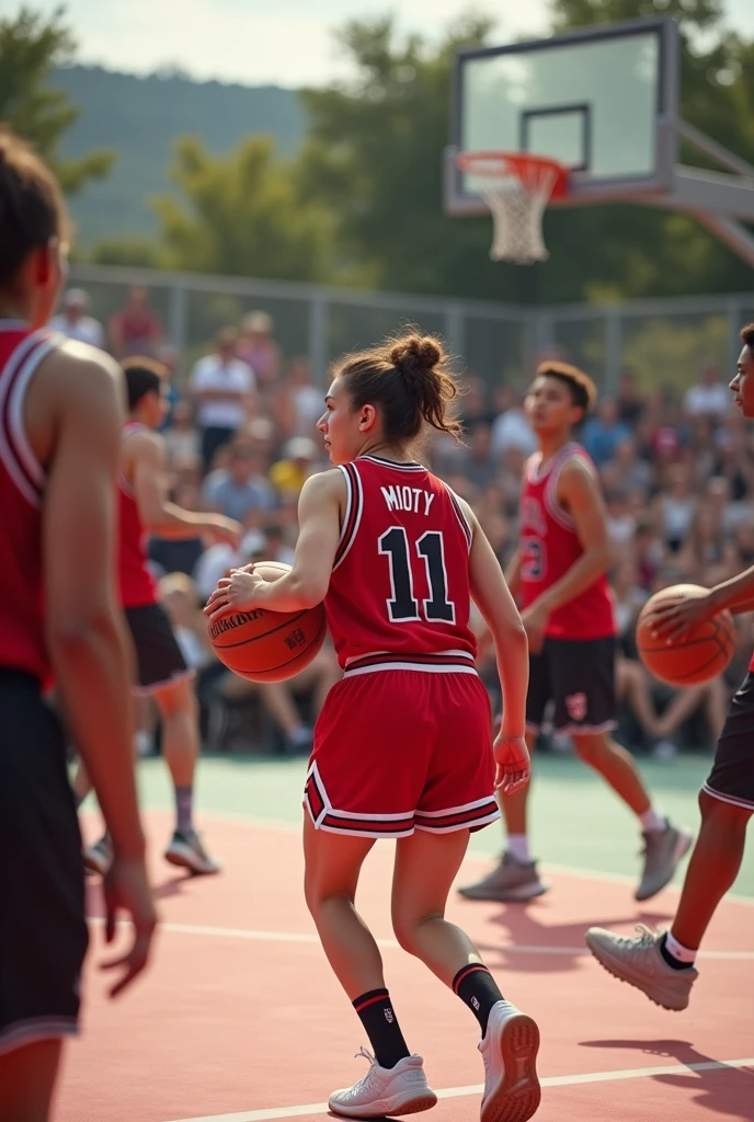 Une juene porte un maillot bulls chicago anomme "Mioty" au dos numero 11 ,elle drible sur un terrain de basket avec beaucoup des personnes