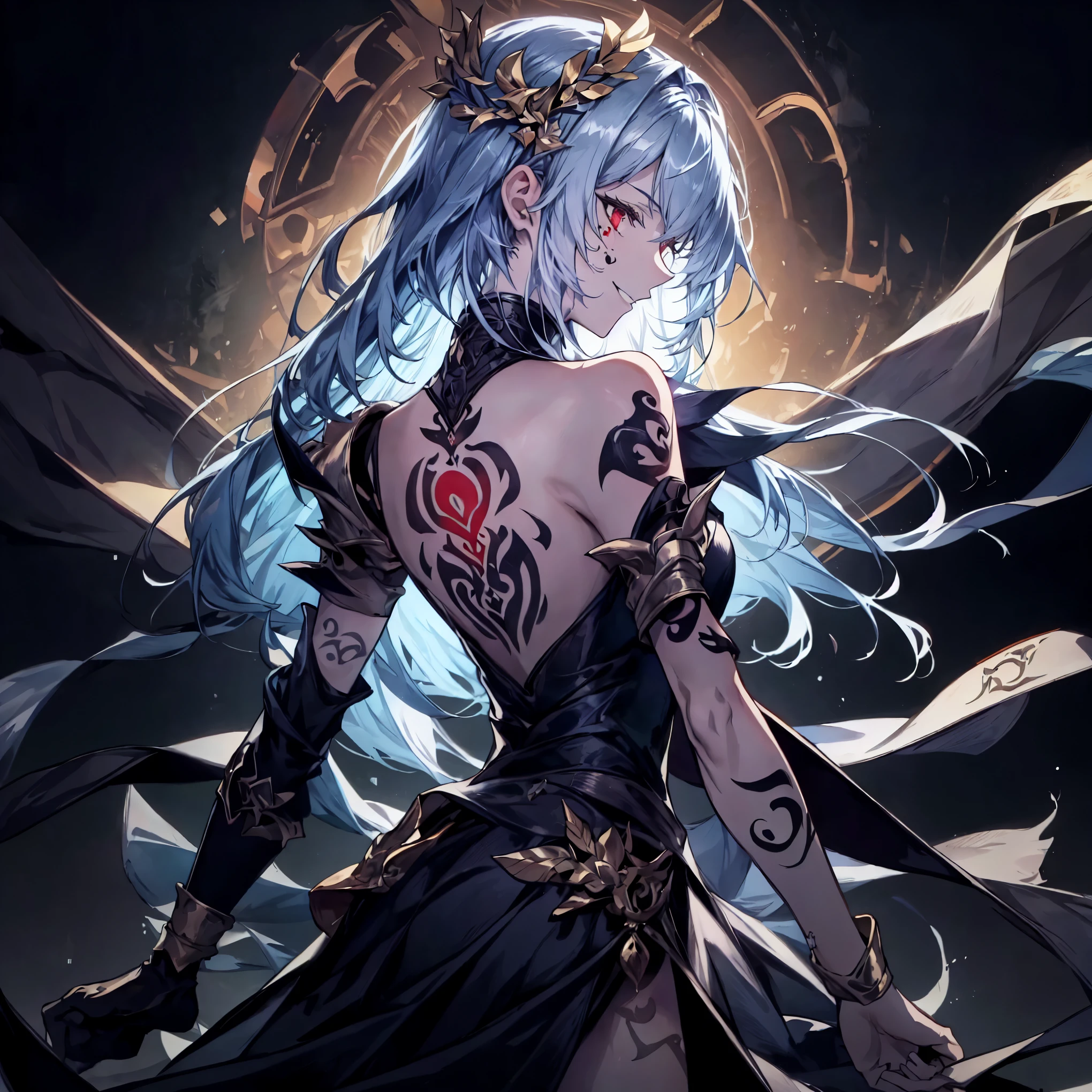 photorealistic lighting, masterpiece, best quality, (extremely detailed CG unity 8k wallpaper), (best quality), (best illustration), (best shadow), absurdres, realistic lighting, (Abyss), beautiful detailed glow, beautiful, (1girl, solo, dynamic pose, dynamic, turning:1.02), senti, red eyes, white hair, smirk, exposed back, looking at hand, looking over her shoulder, (from the side, tattoos:1.4), warrior, insanity, anger, goddess of war, laurels, darkness, dark energy, devil powers