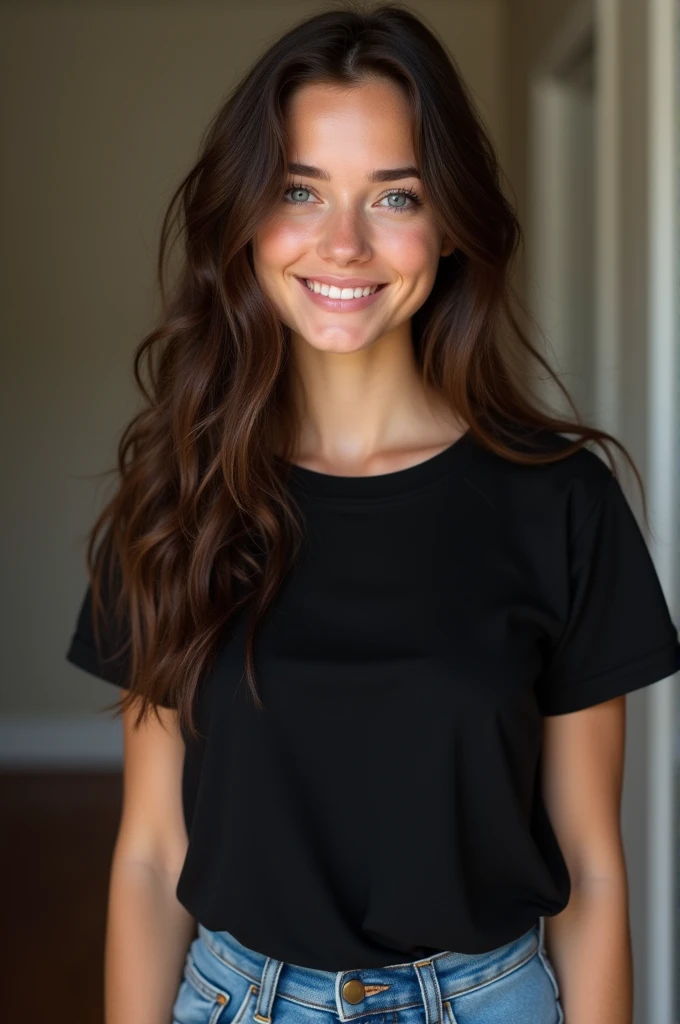 Visage entier Belle brune aux reflets blonds portant un t-shirt noir , jeans (in a room ), very detailed, 22 ans, , , visage innocent, natural wavy hair, blue eye, high resolution, head of'artwork, best quality, intricate details, very detailed, sharpness, detailed skin, texture de peau réaliste, texture, detailed eyes, professionnel, 4K, charming smile, shot with Canon, 85mm, shallow depth of field, kodak vision color, corps parfaitement ajusté , extremely detailed, la photographie_\(ultra\), Photorealistic, realistic, Post-traitement, maximum details, roughness, real life, ultra realistic, photorealism, la photographie, 8k uh, la photographie, tetas grandes
