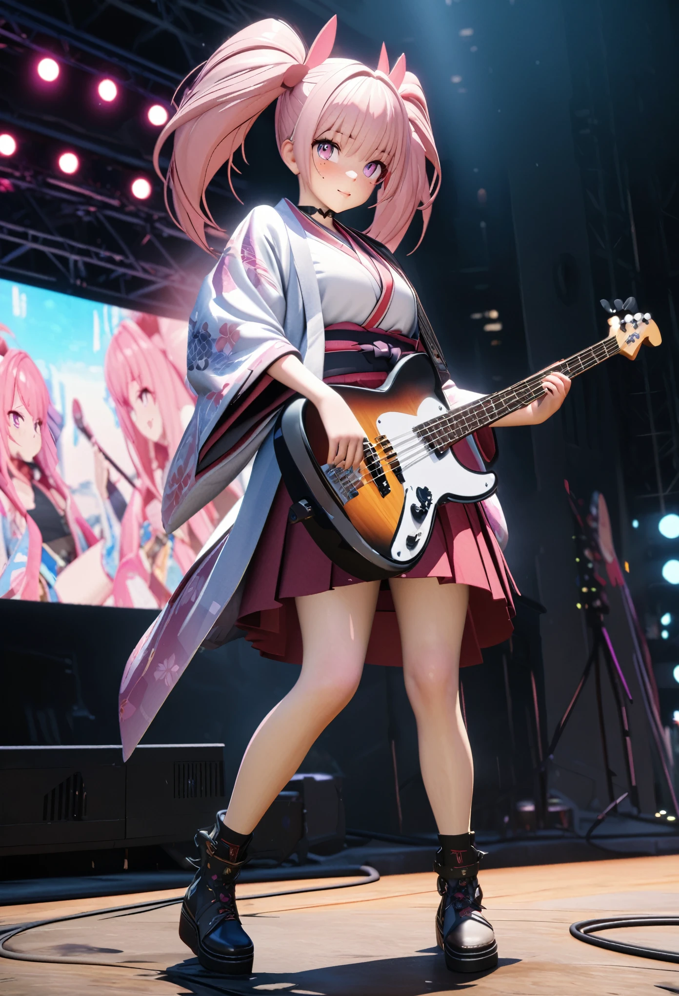 masterpiece, best quality, very detailed, high resolution, expensive resolution, high resolution, 4K, 8k, Unity 8k wallpaper, highly detailed CG, masterpiece, 2D, 3D, beautiful details, depth, fine texture, best quality: 1.3, perfect focus, crispy skin, he, Very cute anime girl, girl playing baseguitar vocals in a band wearing a Japanese fancy floral haori hakama, on outdoor stage, full body, expensive pink twin tail hair, mole under eye, looking at the viewer, expensive, blush, mole, lips open, , heart choker, pink eyes, guitar vocals, stage,Full body of an anime girl with pink twin-tailed hair wearing a Japanese kimono and playing a bass guitar on stage at a cyberpunk festival