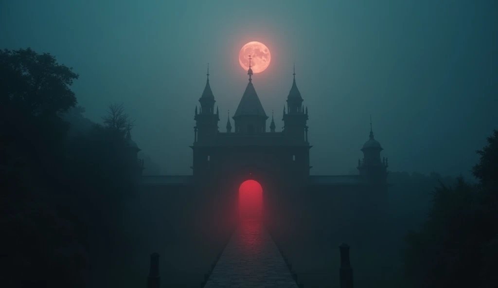 Mysterious deep Fog, light particles, old palace, el dorado, red moon, from above, cinematic lighting, cinematic angle,