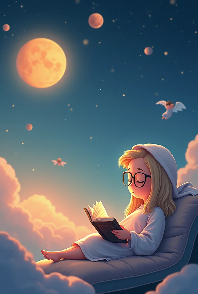 The Solar System animated sleepy female moon wearing glasses and reading a book in space Add a winged boy reading