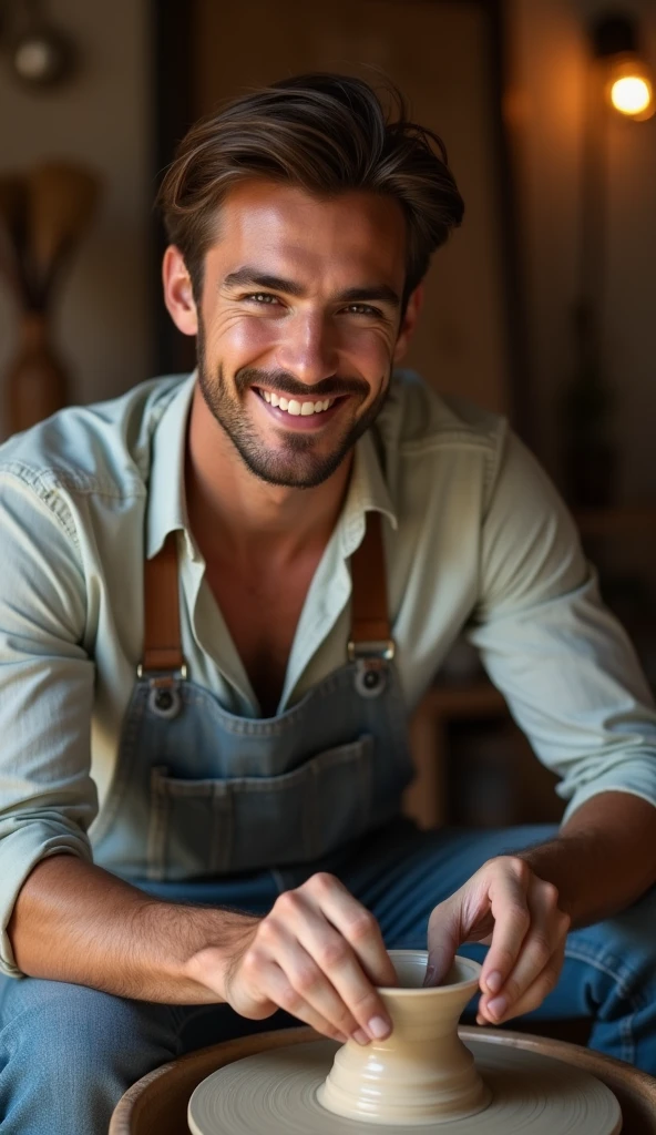 photorealistic, best quality, masterpiece, extremely detailed, extremely handsome, 25 year old man, huge smile, looking at camera, molding clay, on pottery wheel, in personal art studio, extremely romantic atmosphere, perfect face, perfect fingers, perfect hands, perfection