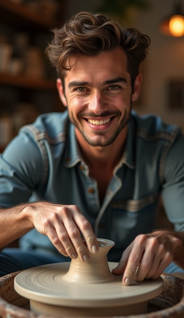 photorealistic, best quality, masterpiece, extremely detailed, extremely handsome, 25 year old man, huge smile, looking at camera, molding clay, on pottery wheel, in personal art studio, extremely romantic atmosphere, perfect face, perfect fingers, perfect hands, perfection