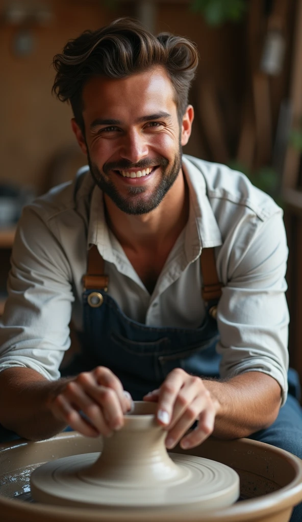 photorealistic, best quality, masterpiece, extremely detailed, extremely handsome, 25 year old man, huge smile, looking at camera, molding clay, on pottery wheel, in personal art studio, extremely romantic atmosphere, perfect face, perfect fingers, perfect hands, perfection