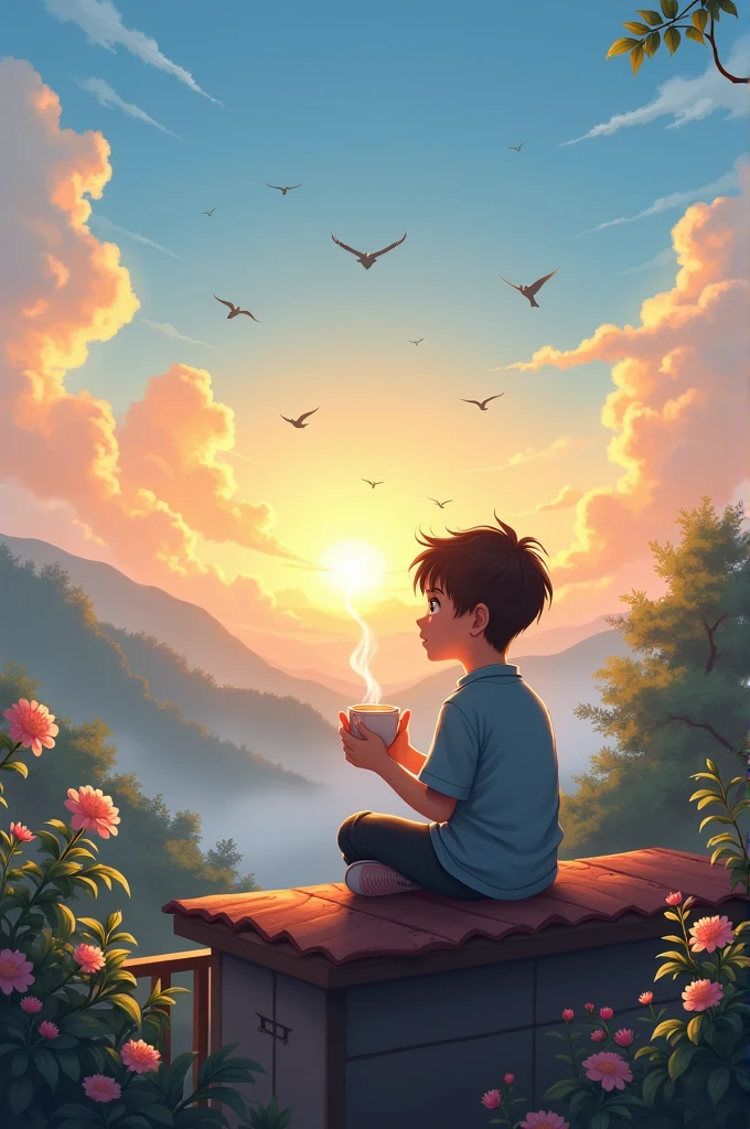 A boy is drinking hot tea on the roof of his house, the sun is rising in the morning, birds are flying in the sky, flowers are blooming