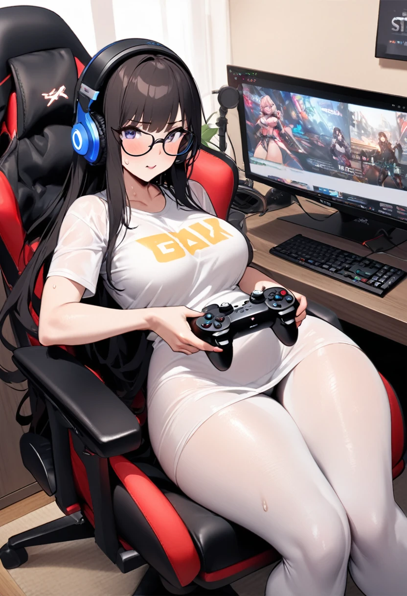 One Woman、beautiful girl、Sit on a chair、big glasses、Dark Room、computer、Sit in a gaming chair、High-end headphones、Grip the game controller、computerに向き合う、beautiful girl, Highest quality, Tight T-shirt、Tight T-shirt、Game Geek、Thick thighs、big 、big Ass、Black Hair、Long Hair、bangs、Sweaty body、I&#39;My whole body is sweaty、Obscene sound effects、Excited、stripe々panties、Playing a naughty game