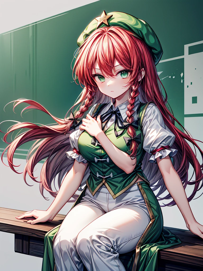 1girl, hong meiling (touhou), green eyes, long hair, red hair, twin braids, chinese clothes, green headwear, beret, white shirt, green vest, green skirt, green dress, collared dress, puffy short sleeves, frilled sleeves, black ribbon, neck ribbon, white pants, star (symbol), black bow, hair bow