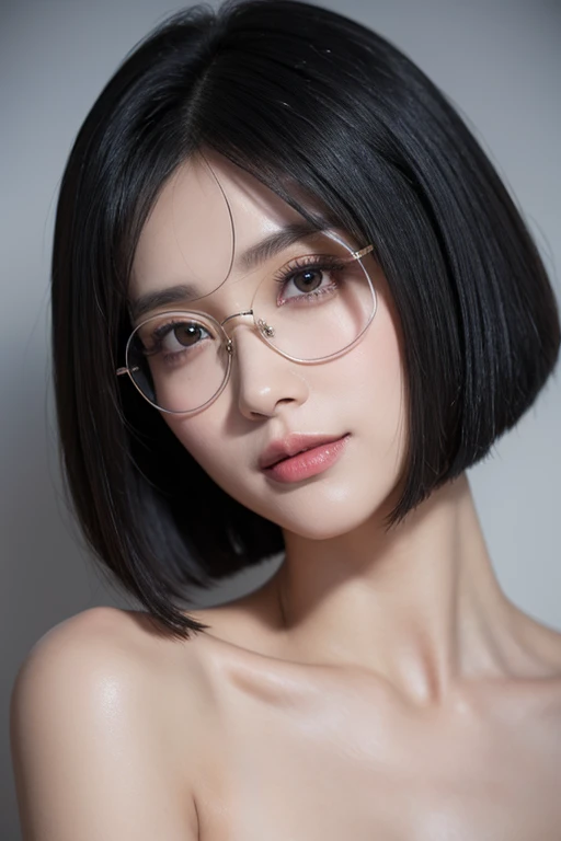 black hair, medium hair, shiny hair, bob cut, halo, rimless eyewear, eyeball, pupils sparkling, smile, shy, naughty, Surrealism, Hyperrealism, Verism, depth of field, f/1.2, 135mm, first-person view, best quality, textured skin, 8k,ランジェリー.ベッド