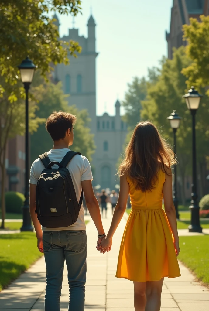 A college girl with yellow dress and a boy standing behind her from a distance at college campus and a photo of them from back angle a wide range photos