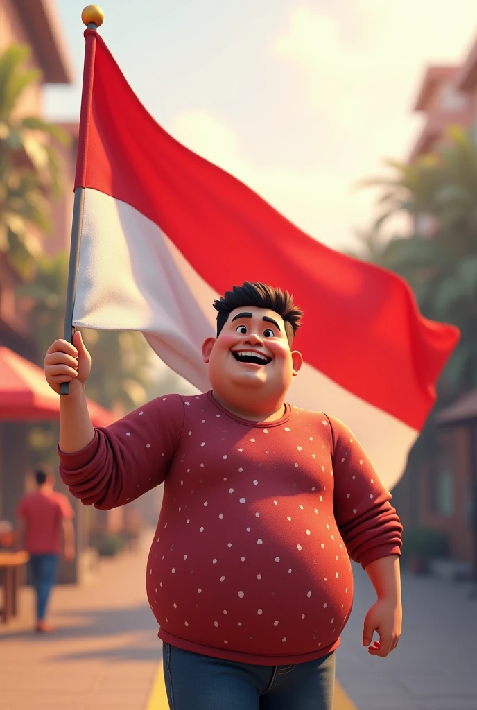 3D cartoon image , Cheerful style carrying the red and white flag, adult Indonesian man aged 30 years, tall, fat body, wearing a long-sleeved sports shirt with a red and white pattern, Happy Republic of Indonesia, casual , , high resolution 4K; realistic, original photo