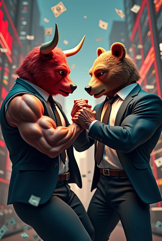 3D color image of a man with a red bull's head and another man with a bear's head wearing a suit, both are in arm wrestling pose with a background of share market candlesticks, stock market charts, dollar bills flying around, and falling stock prices