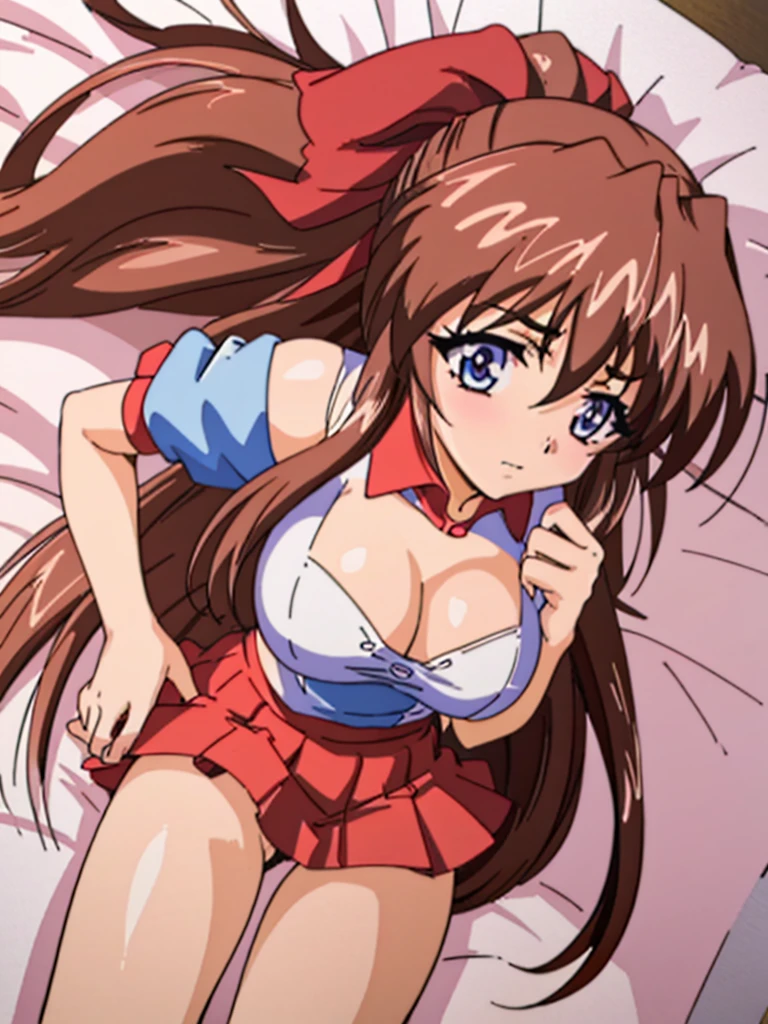 (Anime artwork, Anime Style, Studio Anime, Very detailed, Latest, Vibrant, Anime Coloring Book, High Contrast, masterpiece:1.2, Highest quality, Best aesthetics), (Beautiful and detailed:1.2), Aoi Tennis, 1 person, Hair Ribbon, Tennis uniform, Polo shirt, Raglan sleeves, Pleated skirt, Red Skirt, Peach pink Lingerie Set, embarrassed, Lips parted, ((Lying on the bed while looking at the viewers、Right hand hiding the pants、Rub your chest with your left hand)) , Pink Bed, From the side, No pants,White knee socks,Lack of shoes, Asymmetrical bangs, Perfect Proportions, Skin with attention to detail, cute, Detailed face, (skirt lift:1.3), (from bottom:1.3)