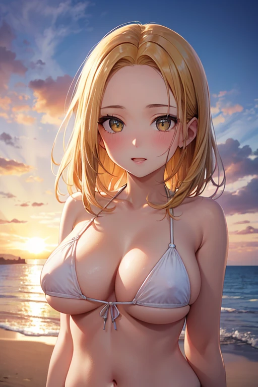 One Woman, Highest quality, masterpiece, Super Resolution, super high quality, Large Breasts, Idol, Beauty, ((From the front 1.2)), Cleavage, 8k, High resolution eyes, High-resolution contours, ((Forehead visible 1.3)), Stylish, High-resolution pupils, blush, High resolution face, High resolution breasts, Ultra HD, Open your mouth, Upper Body, High resolution mouth, Sexy body, ((Super cool face 1.7)), ((Hanging 1.7)), Broken bangs, Yellow Eyes, model, Mature Woman, Adult women, Beautiful clavicle, High resolution hair, Mother, maternal, Married Woman, couple, super beautiful, Charm, Alluring, Blonde, Textured skin, Textured Breasts, Micro Bikini, Underboob, Sideboob, Beach, sunset, ((Breakdown 1.7)),