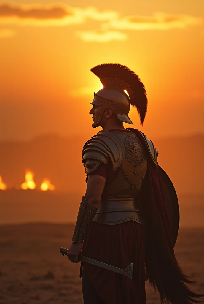 Spartan alone, cinematic, ultra realistic, warm, silhouette, far away, eagle point of view, from sky, eagle watching, fire around