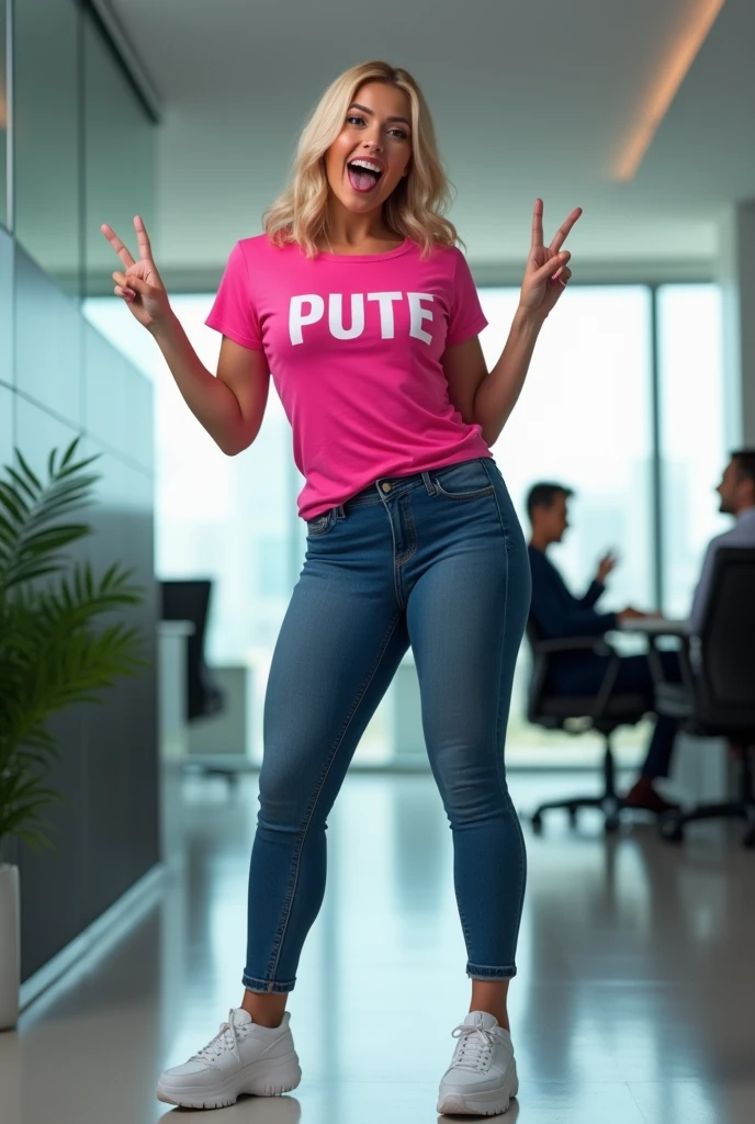 blonde woman with short haire. She has an hourglass figure, massive breasts. ,Wide hips (implants), Prominent buttocks (implants) 

in a modern office, with glass walls and contemporary decor
dressed in a vibrant pink t-shirt with “PUTE” written in fun letters, adding a touch of lightness and humor to her look
figure-hugging skinny jeans, paired with white-heeled sneakers for a dynamic look
the camera captures her from head to toe,
smiling, she squints, sticking out her tongue with a mischievous expression that evokes joy and confidence
making the “V” sign of peace with each of her hands,  she is slim
the office atmosphere is both professional and relaxed, with colleagues in the background smiling at his offbeat attitude