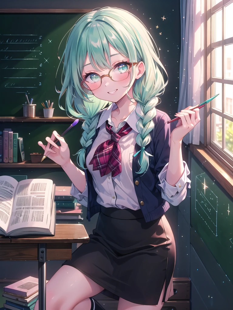 ((8k, Highest quality, masterpiece: 1.3)),Ultra-high resolution,(1 girl, alone), (Color changing eyes, Ultra-detailed, Expressive brilliance, Glitter, Glowing Eyes), Highly detailed eyes, Highly detailed face, Random Hair, ((pastel colour)),A lively young woman with pastel mint-green hair styled into twin braids, standing by her desk in her softly lit bedroom during a quiet afternoon. She is dressed in a modest yet subtly sexy schoolteacher cosplay, wearing a knee-length pencil skirt, a tucked-in blouse, and a pair of stylish glasses. The camera captures her from a frontal angle as she holds a chalkboard pointer with a playful grin, her expression full of warmth and approachability. The room is warmly lit by the afternoon sun, with a small bookshelf filled with books, a chalkboard on the wall, and a welcoming, educational atmosphere, (nsfw:1.3)