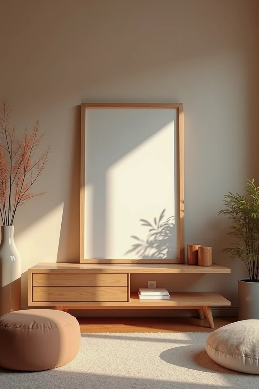Modern Wooden Photo Landscape Frame in 16:9 Proportion Comfort Living Room, 4K