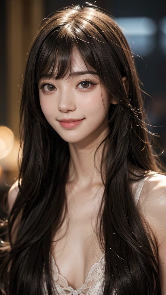 bangs,smiling, Background blur, High resolution, Hair quality straight、Very long hair, chest, Beautiful eyes