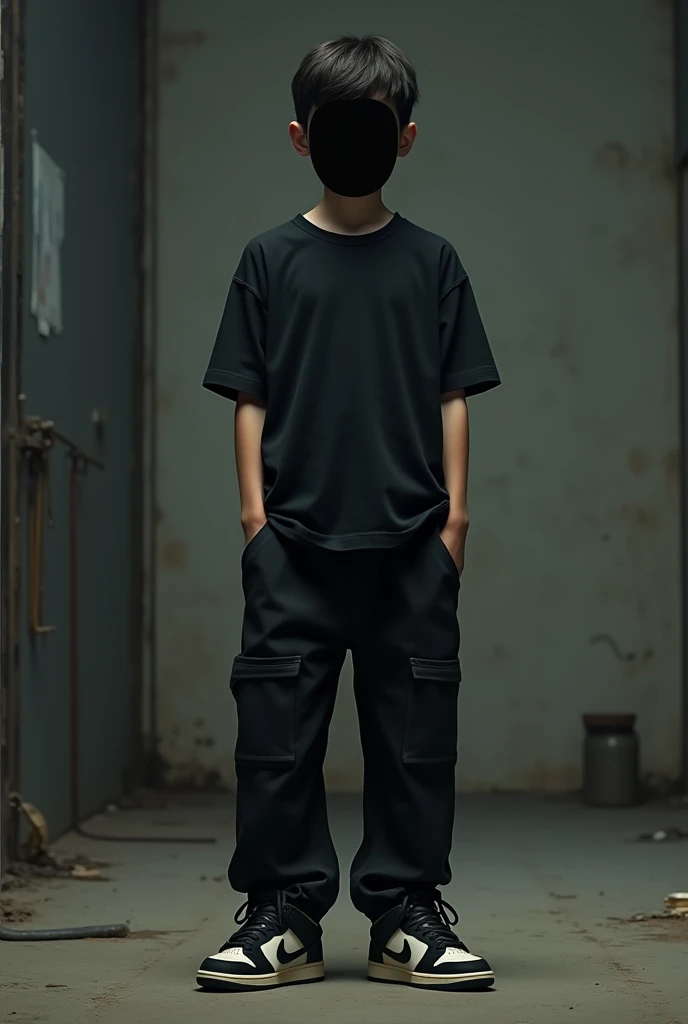 I want a hidden face pic a 15 old boy in black tshirt boot cut baggy and nike dunk shoes