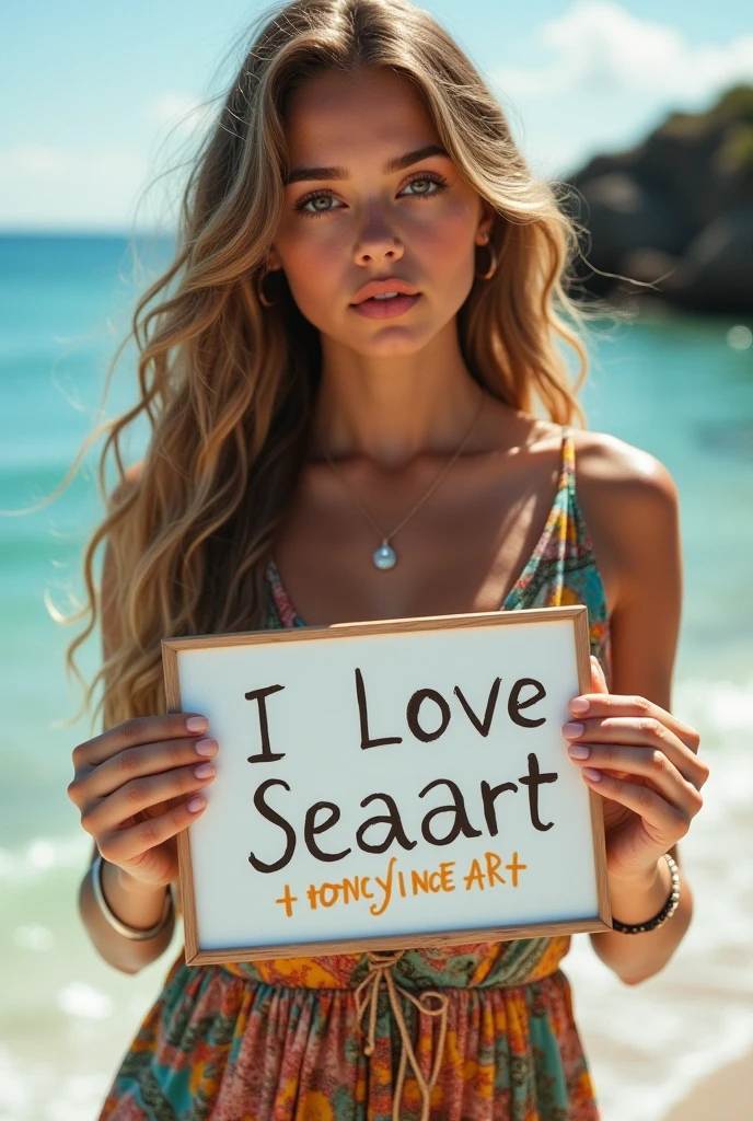 Beautiful girl with wavy long hair, bohemian dress, holding a white board with text "I Love Seaart Infinity" and showing it to the viewer