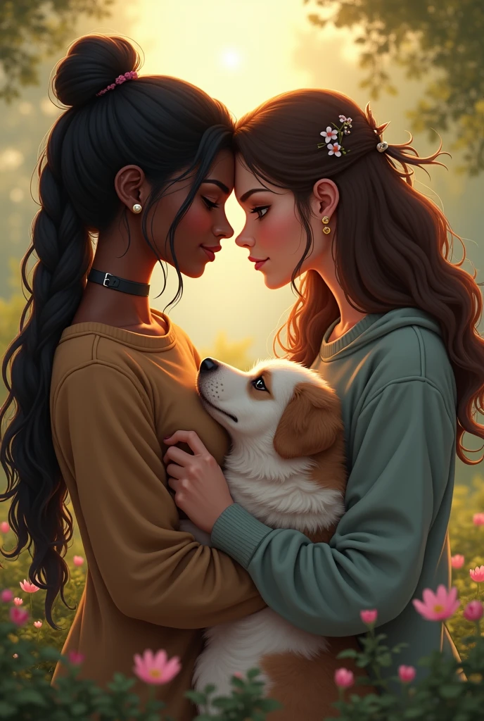 Create a romantic scene of two lesbian women, One is a dark-skinned warrior with black hair in a high bun, and the other is a princess in a sweatshirt with long, curly hair., with his two dogs, one is big brown with a white stripe on its face and the other is small, white and furry
