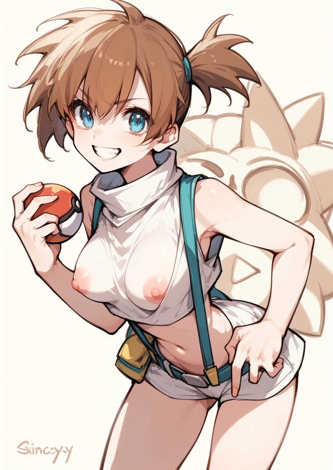 Vivid colors,Brown Hair,Big collar、Exposed breasts,Exposed pussy,（beige skin,Beige breasts,Beige thighs,Pink nipples,）Light blue eyes,A picture of a woman holding a monster ball, Pokemon Misty, Gainax Anime Style, Also, Masamune Shirow, Inspired by Rei Kamoi, inspired by Un'ichi Hiratsuka, Singey, Cool pose, dramatic Grin pose, Female protagonist 👀 :8, Grin, rei hiroe