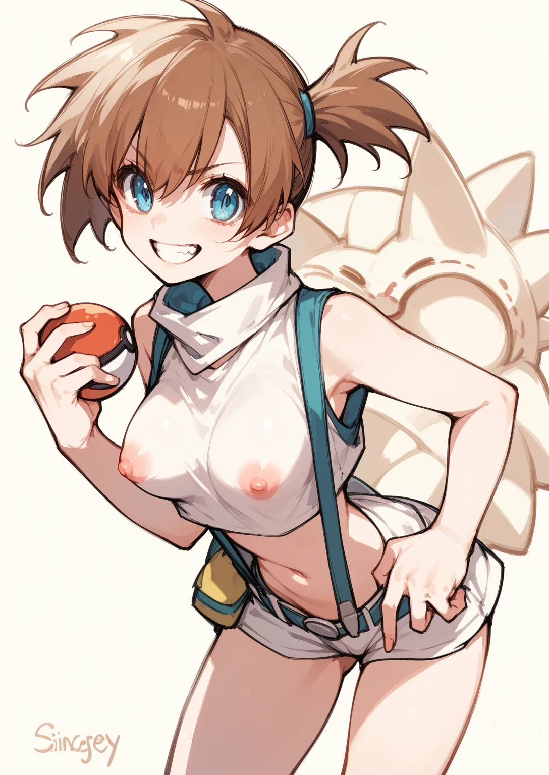 Vivid colors,Brown Hair,Big collar、Exposed breasts,Exposed pussy,（beige skin,Beige breasts,Beige thighs,Pink nipples,）Light blue eyes,A picture of a woman holding a monster ball, Pokemon Misty, Gainax Anime Style, Also, Masamune Shirow, Inspired by Rei Kamoi, inspired by Un'ichi Hiratsuka, Singey, Cool pose, dramatic Grin pose, Female protagonist 👀 :8, Grin, rei hiroe