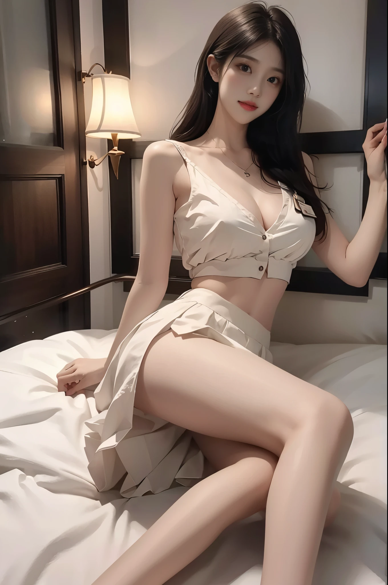 JK_lure_dress3 (best quality, masterpiece:1.2), tianfeng1, Extremely detailed, (Practical:1.37), beautiful, youth, Glamorous model, Warm colors, ((Full body view,Bend your knees naturally,Skin is firm and smooth)), ((in old fashioned room,Sitting on a low bed,lean back,Support the body with your elbows)), ((Elegant and natural gesture)), (big eyes, Exquisite eyes, Delicate lips, Exquisite eyes), Available in white and floral pattern, Show a bright smile, fit, Full breasts, ((Large Breasts)), Long legs, Create a stunning photo of a sleeping girl