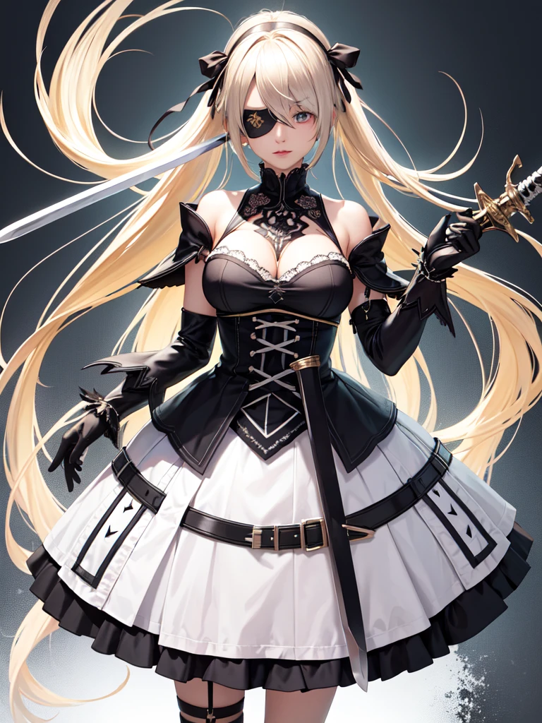 (Ultra extreme detailed),(Masterpiece),(Ultra extreme),(Realistic),CG,(color:1.2), Strong lighting,Light from behind,evaluation:Safety,One blonde, one alone., black,Blonde twin tails,length hair,blue eyes,white_gloves,garter_strap,absolute_ryouiki,Pleats_skirt,white_skirt,blackcolorストーキング,expensive_Heel,white shrite,length_sleeve,black_Cape,short_whiteいショートドレス,Shoulder guard、Lace on chest、Nier Automata((Eye patch、２B ))、((Holding a sword))