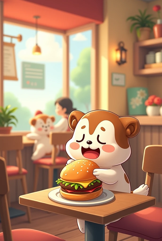 Cartoon cute cafe eating burger