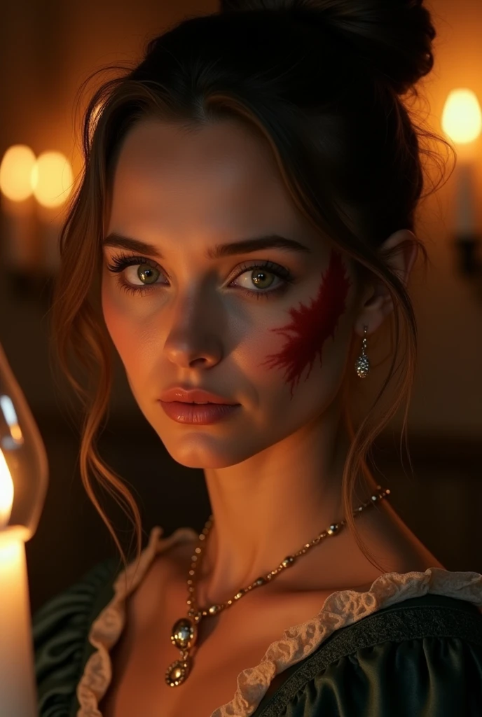 (((a deep reddish wound crosses her left cheek))) fair complexion, winona ryder, high bunned hair, distinctive green eyes, wearing kohl, slender and graceful, beautiful, candlelight in a medieval setting, ultra sharp focus, realistic shot, medieval female clothes, tetradic colors (scar:1.4)