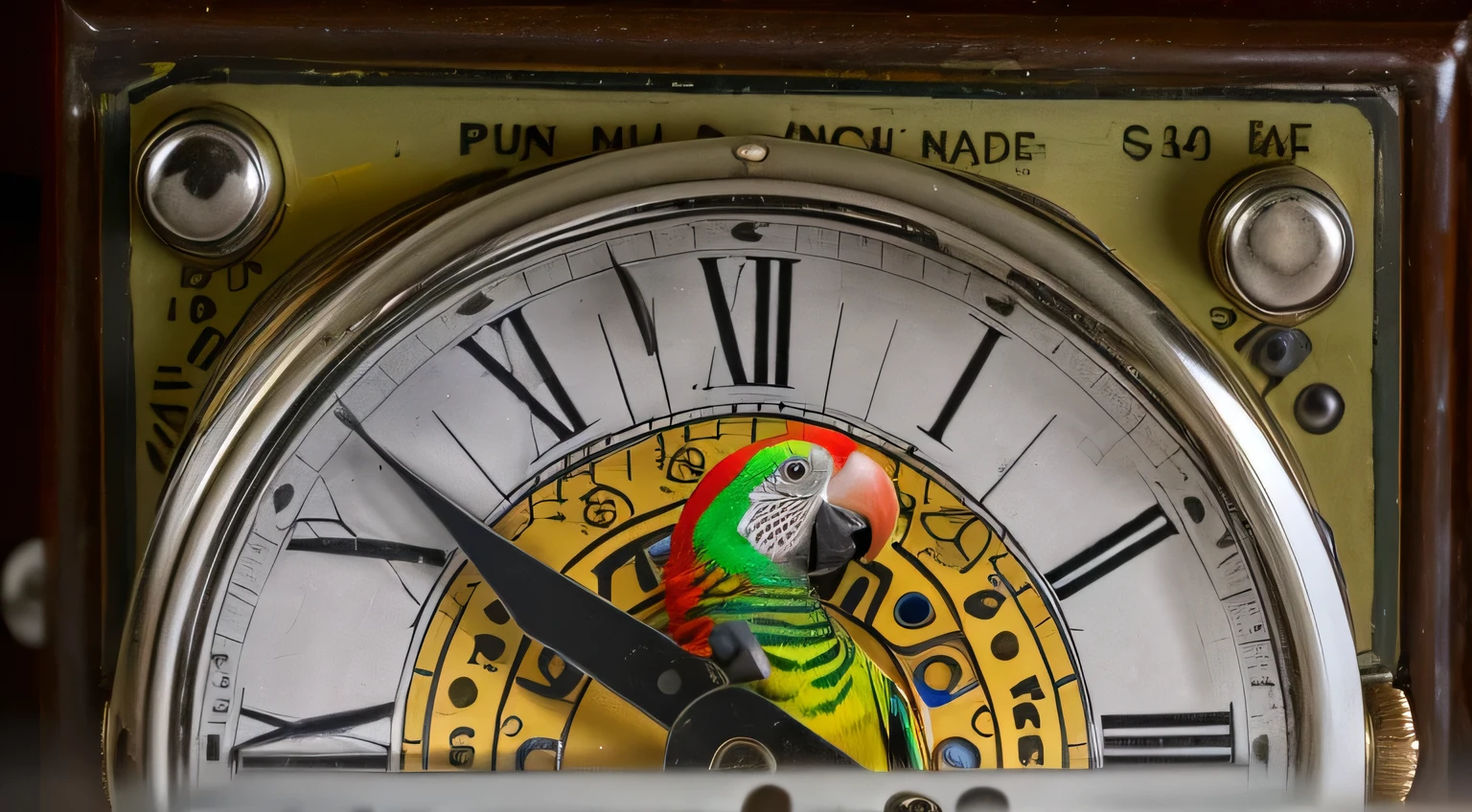 A photorealistic photo of a parrot on the dial, whose paws turn into hands
