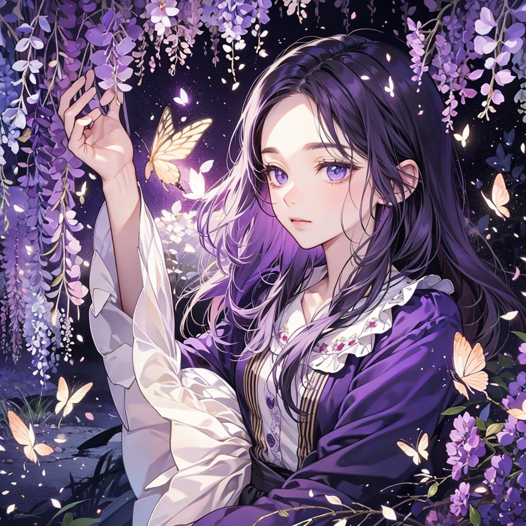 wisteria forest,  dark night, Beautifully Aesthetic,wisteria, peace, tranquility, serenity, petals, butterflies, 